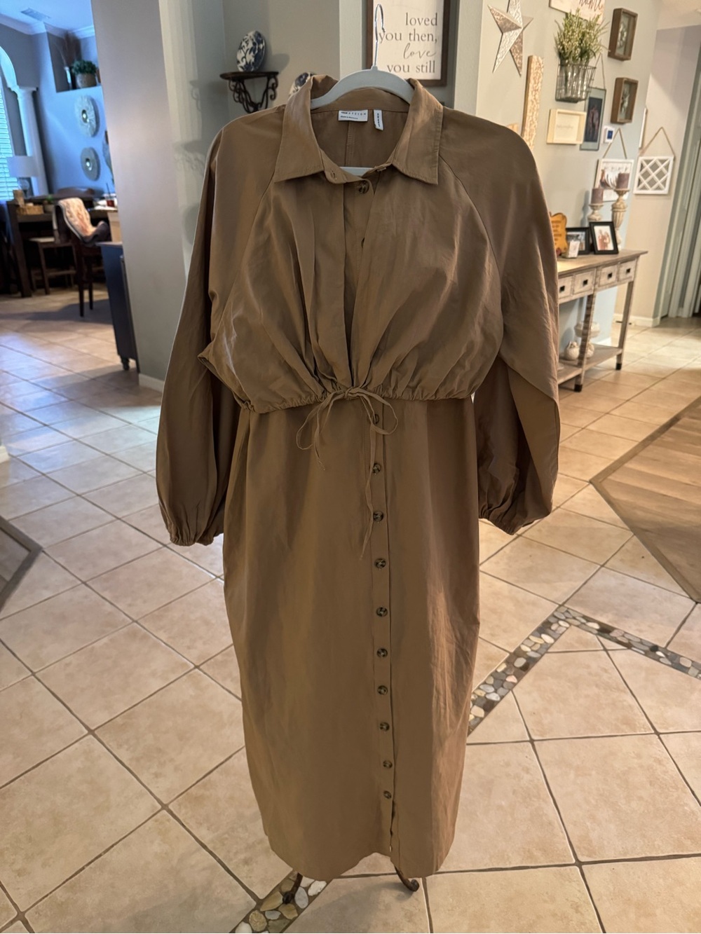 ASOS Design Camel Midi Shirt Dress Drawstring Waist Balloon Sleeve US 14 EU 46
